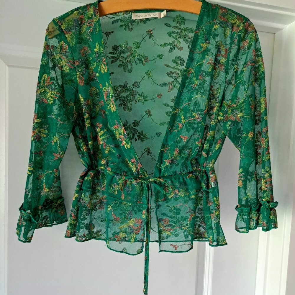 Michelle Belau Top, Medium,  green  with flowers,  see through with waist cord.